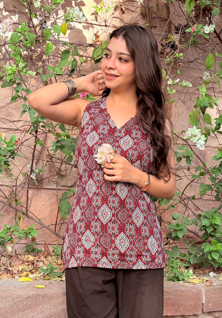 Maroon Ajrakh Halter Neck Short Kurti – product photograph 5 | SORSHA™