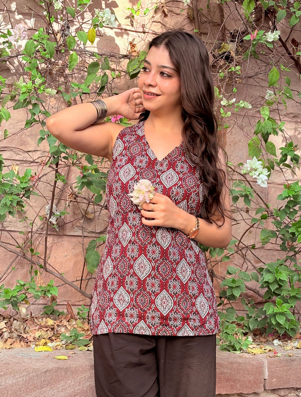 Maroon Ajrakh Halter Neck Short Kurti – product photograph 5 | SORSHA™