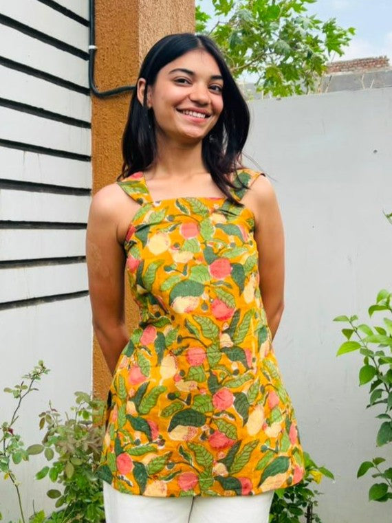 Mustard Block Print Cotton Short Kurti – product photograph 1 | SORSHA™