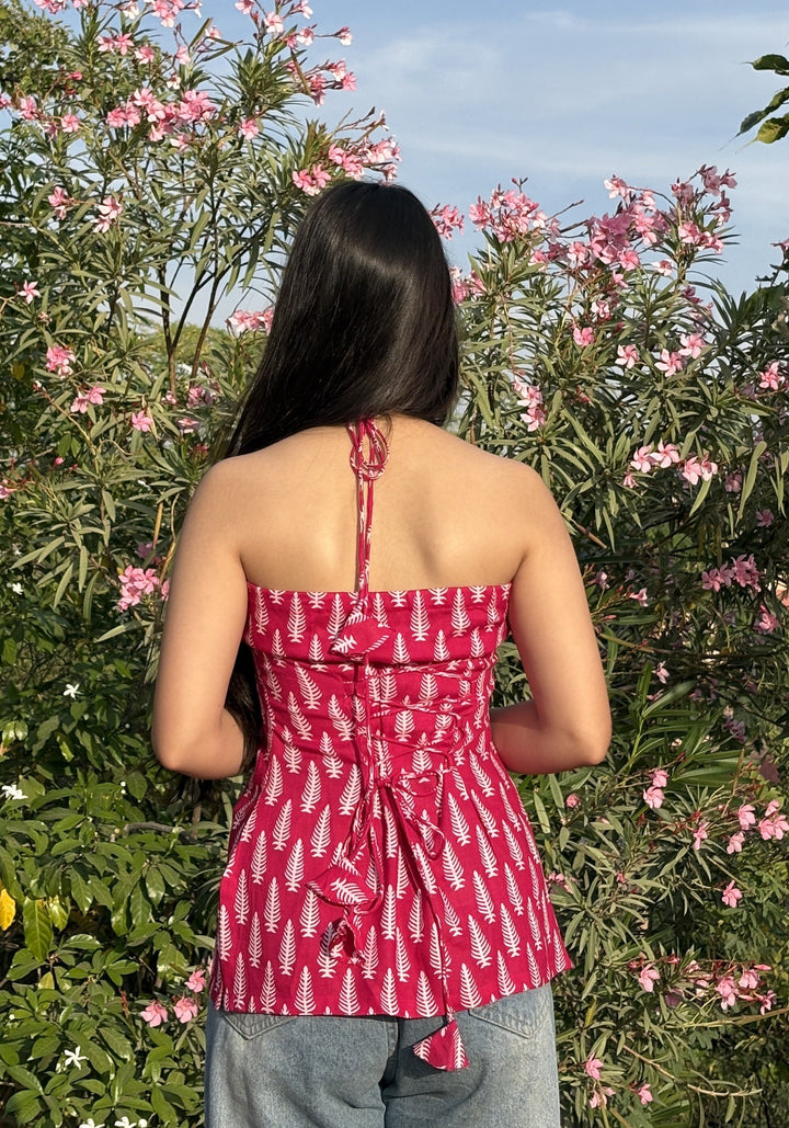 Pink Botanical Print Halter Neck Short Kurti – product photograph 2 | SORSHA™
