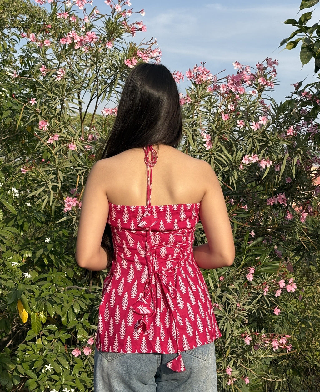 Pink Botanical Print Halter Neck Short Kurti – product photograph 2 | SORSHA™