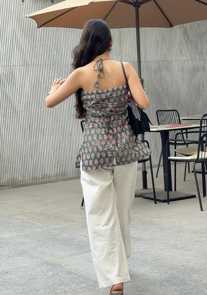 Green Block Print Halter Neck Short Kurti – product photograph 2 | SORSHA™