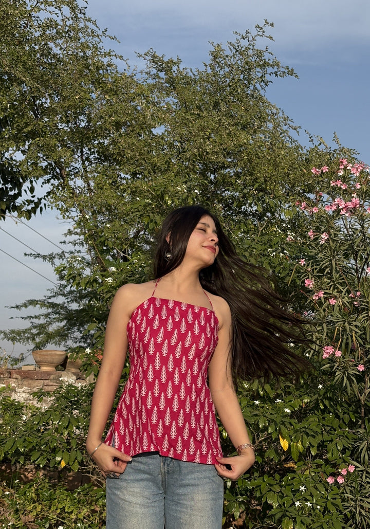 Pink Botanical Print Halter Neck Short Kurti – product photograph 3 | SORSHA™