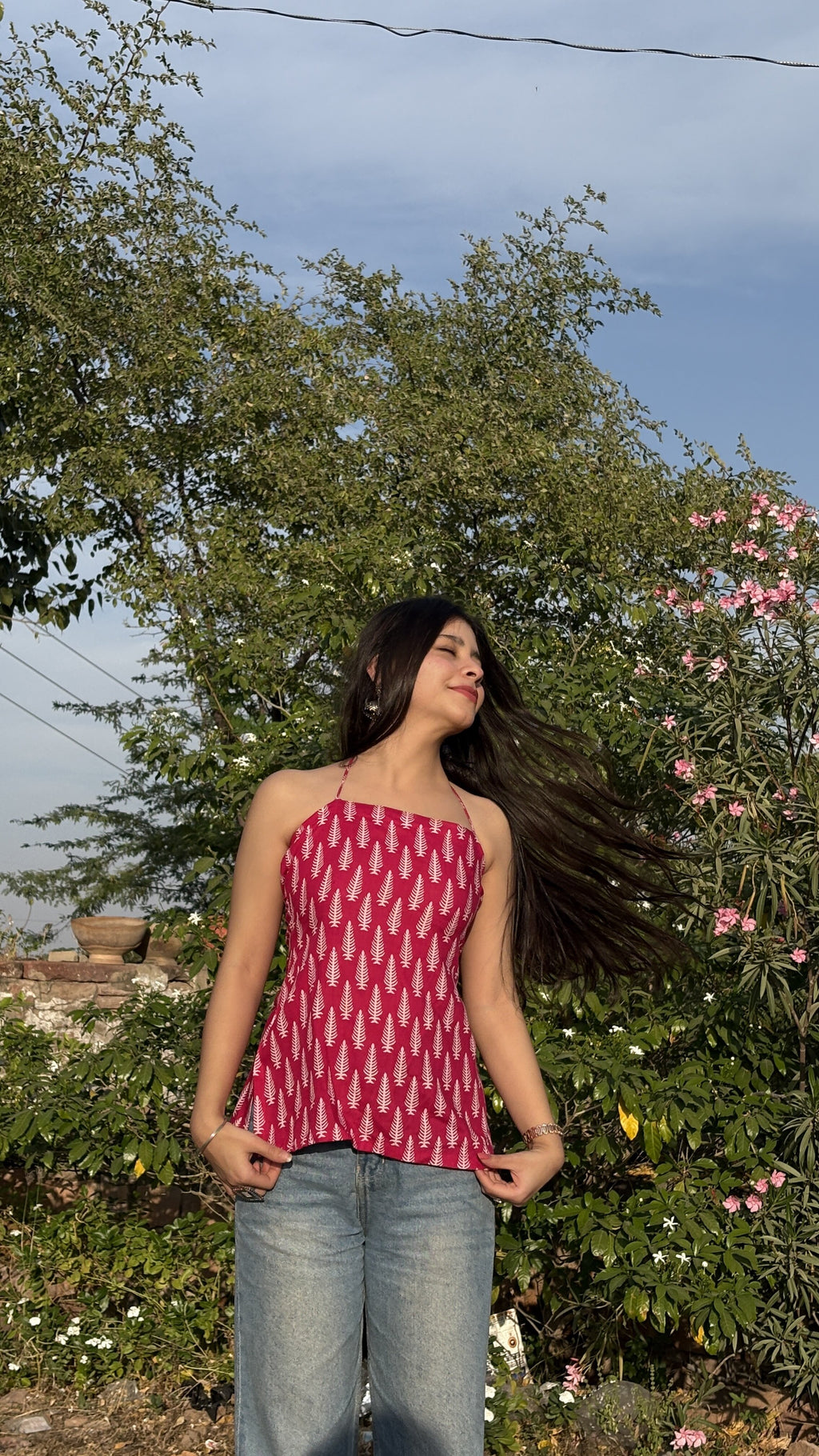 Pink Botanical Print Halter Neck Short Kurti – product photograph 3 | SORSHA™