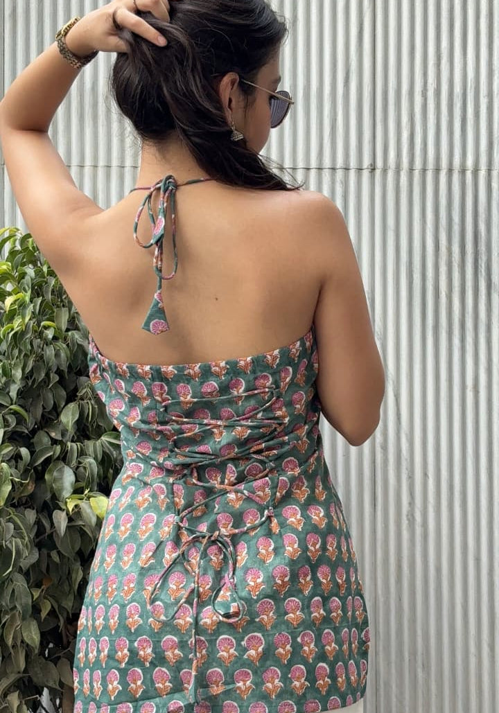 Green Block Print Halter Neck Short Kurti – product photograph 4 | SORSHA™