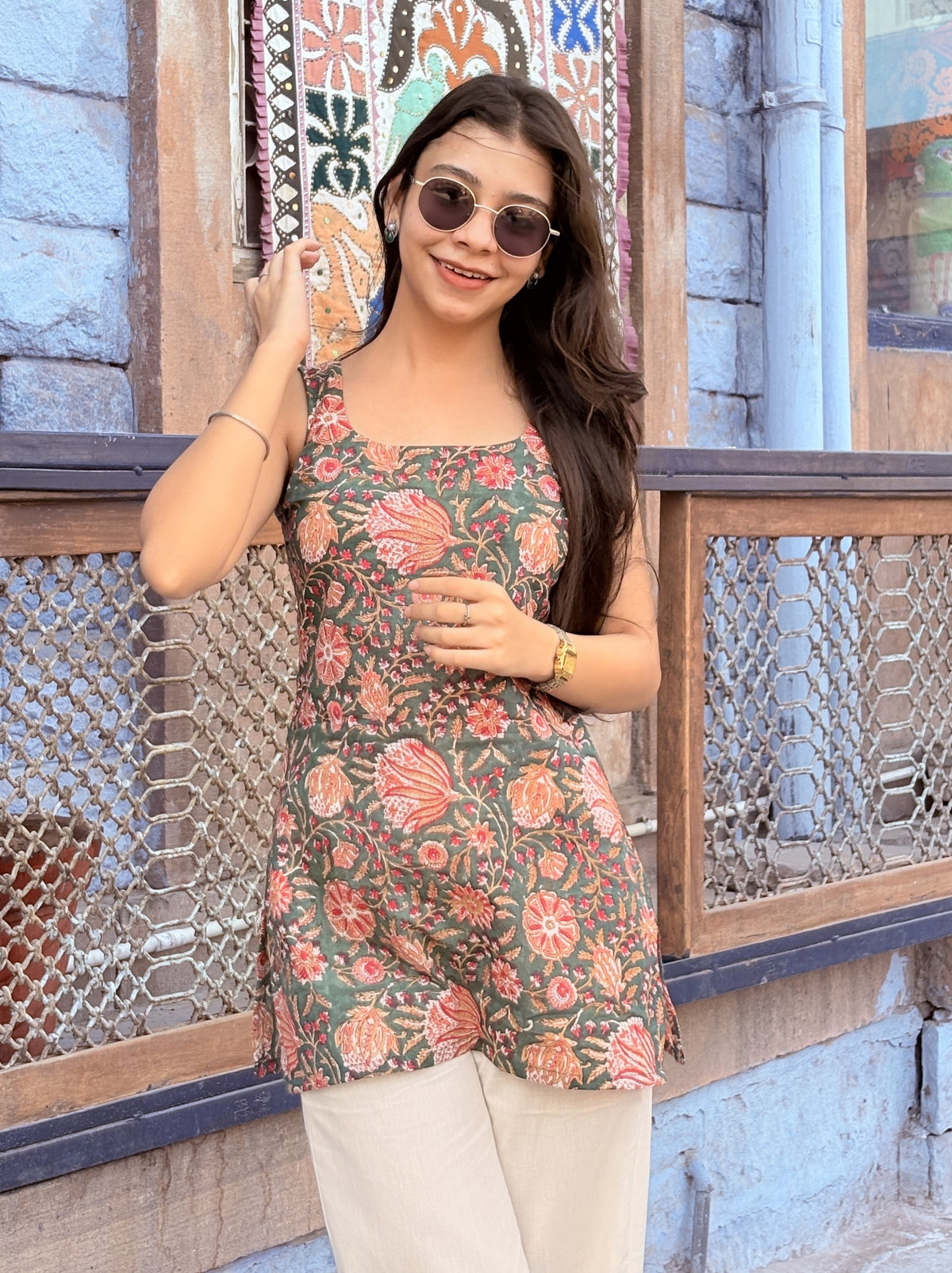 Dark Green Floral Block Premium Cotton Short Kurti – product photograph 1 | SORSHA™