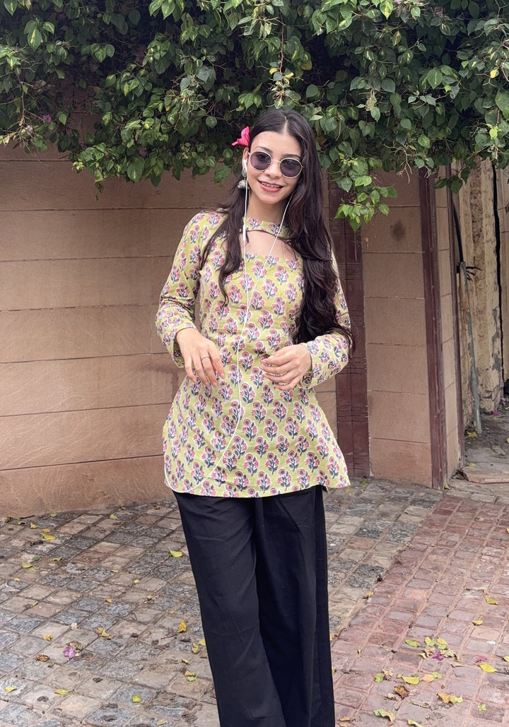 Lime Green with Cut-Out Neck Short Kurti – product photograph 1 | SORSHA™