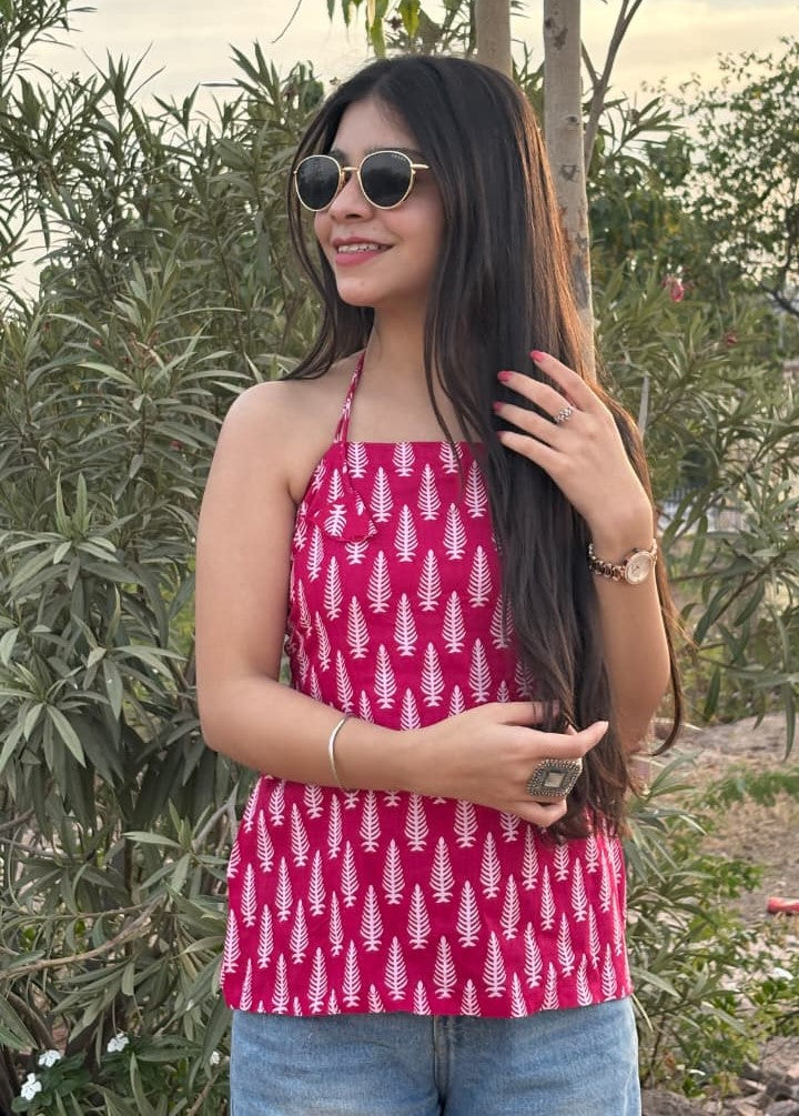 Pink Botanical Print Halter Neck Short Kurti – product photograph 1 | SORSHA™