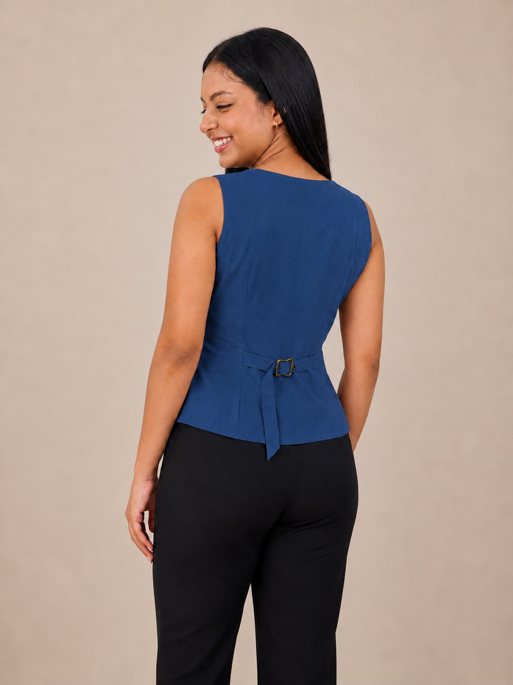 Women's Solid Tailored V-Neck Blue Waistcoat – product photograph 2 | SORSHA™