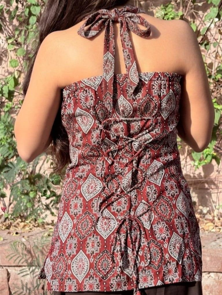 Maroon Ajrakh Halter Neck Short Kurti – product photograph 2 | SORSHA™