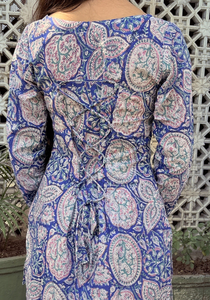 Blue Floral Print Cut-Out Neck Short Kurti – product photograph 3 | SORSHA™