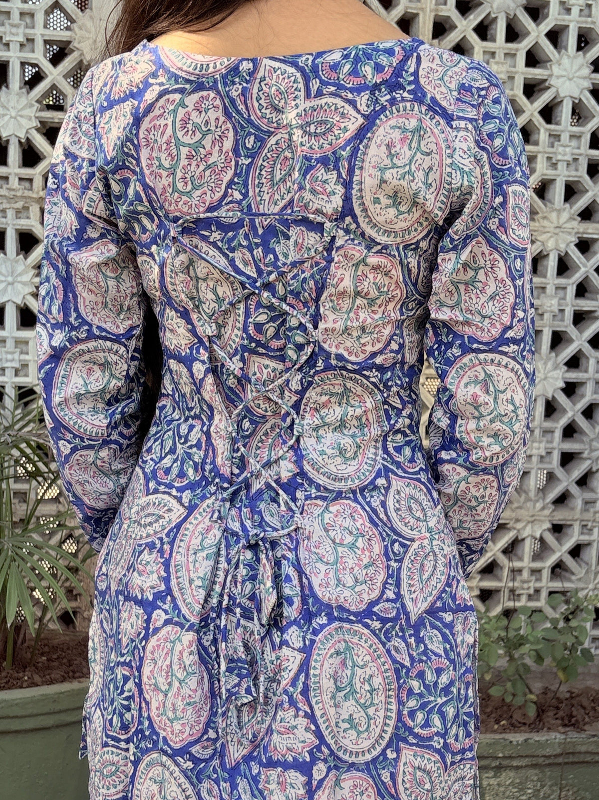 Blue Floral Print Cut-Out Neck Short Kurti – product photograph 3 | SORSHA™