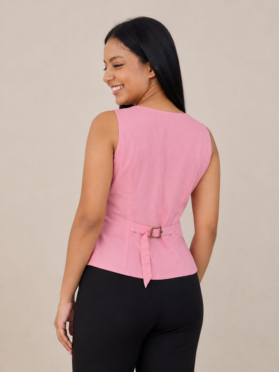 Women's Solid Tailored V-Neck Pink Waistcoat – product photograph 2 | SORSHA™