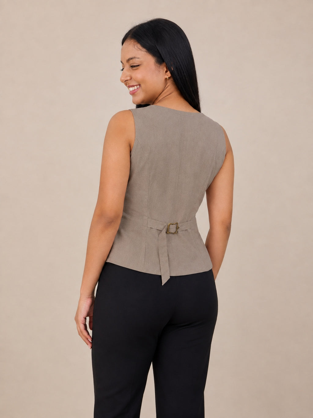 Women's Solid Tailored V-Neck Brown Waistcoat – product photograph 2 | SORSHA™