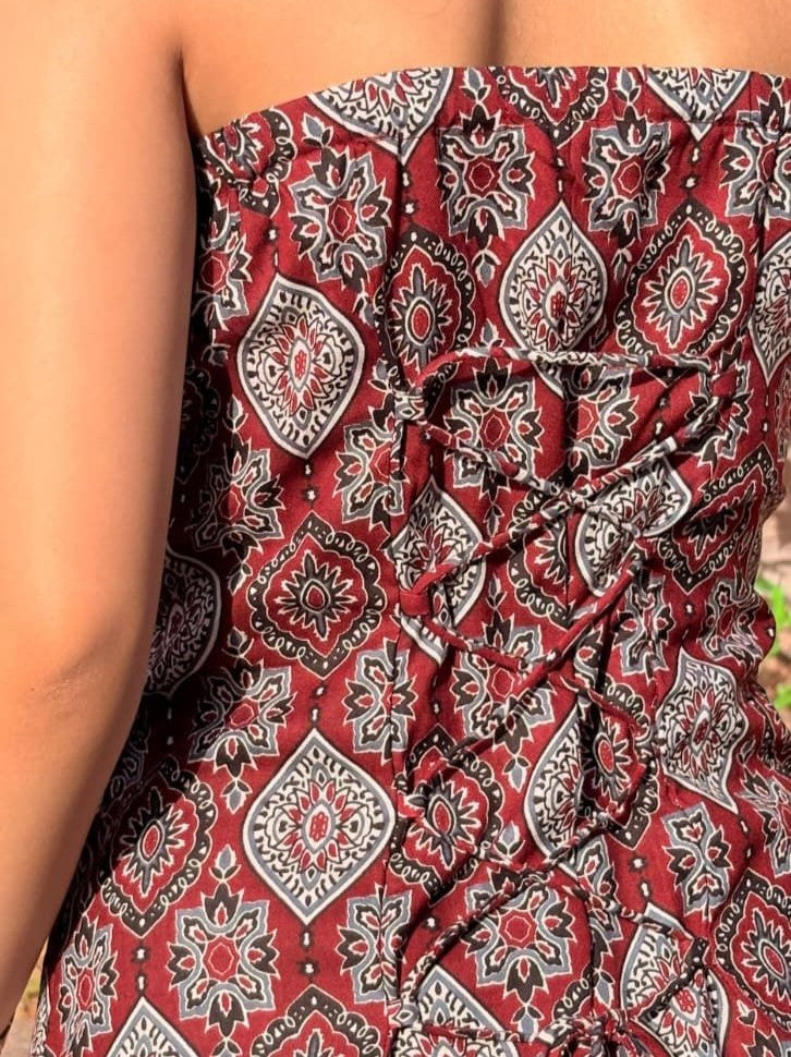Maroon Ajrakh Halter Neck Short Kurti – detail view | SORSHA™