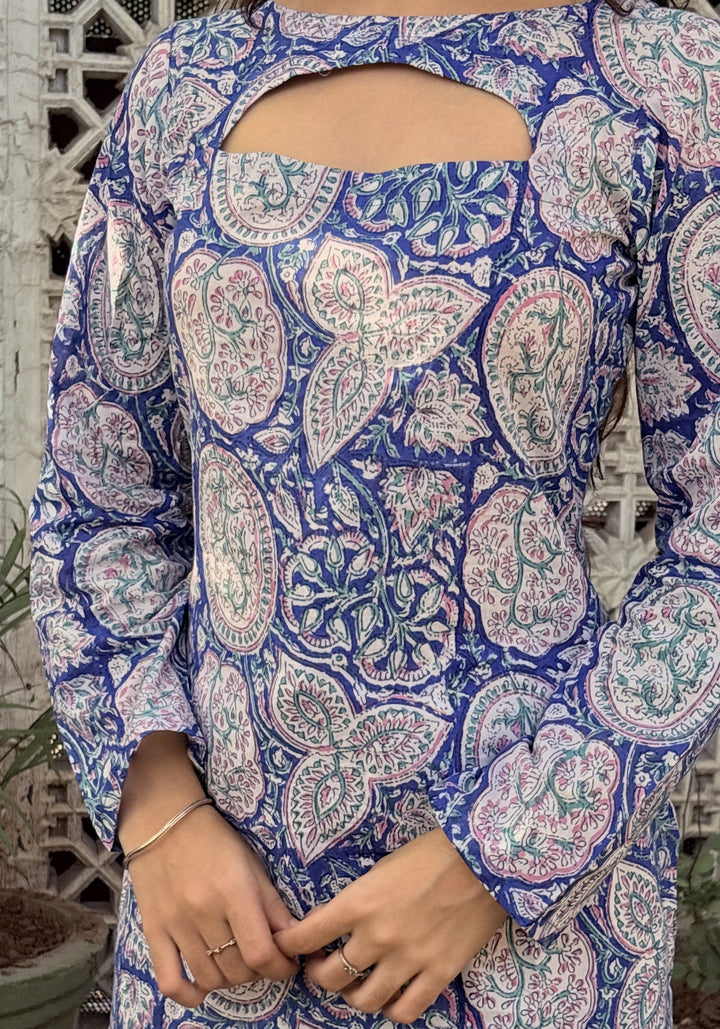 Blue Floral Print Cut-Out Neck Short Kurti – detail view | SORSHA™