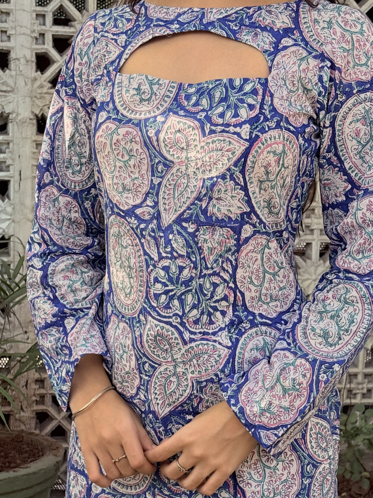 Blue Floral Print Cut-Out Neck Short Kurti – detail view | SORSHA™