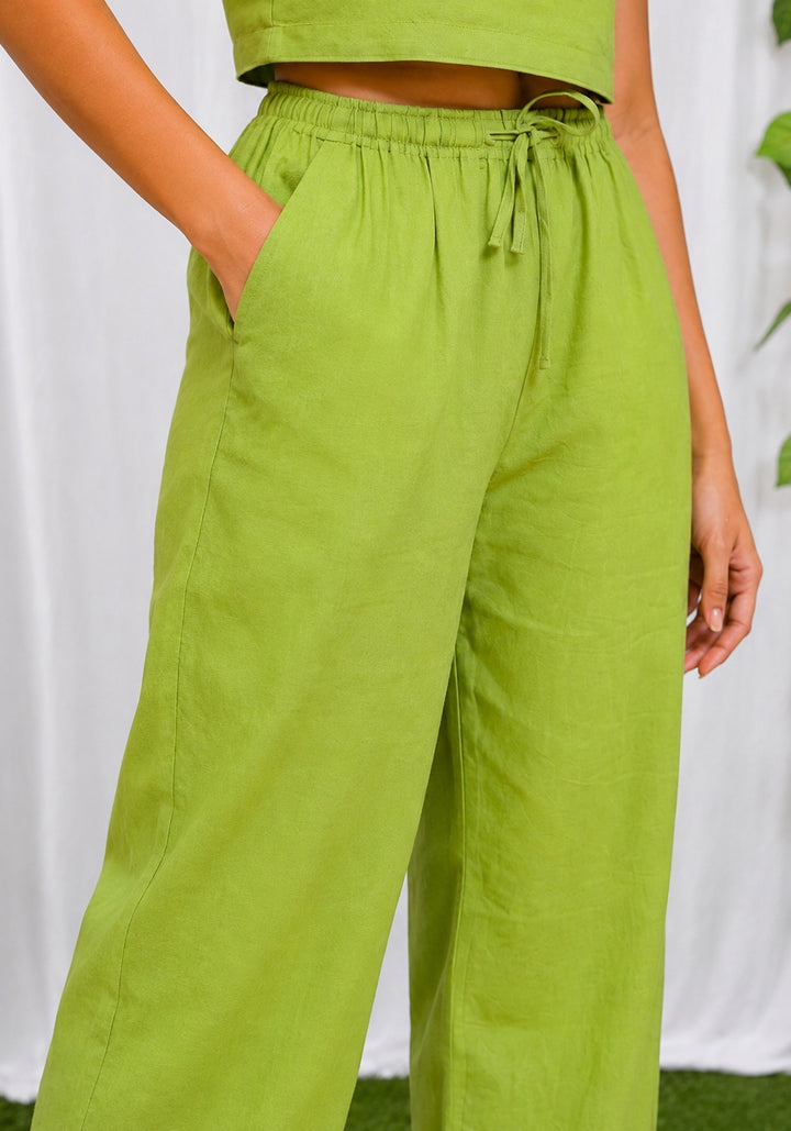 Sage Green Cotton Flex Relaxed Straight Fit Trousers – detail view | SORSHA™