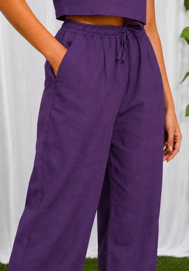 Purple Cotton Flex Relaxed Straight Fit Trousers – detail view | SORSHA™