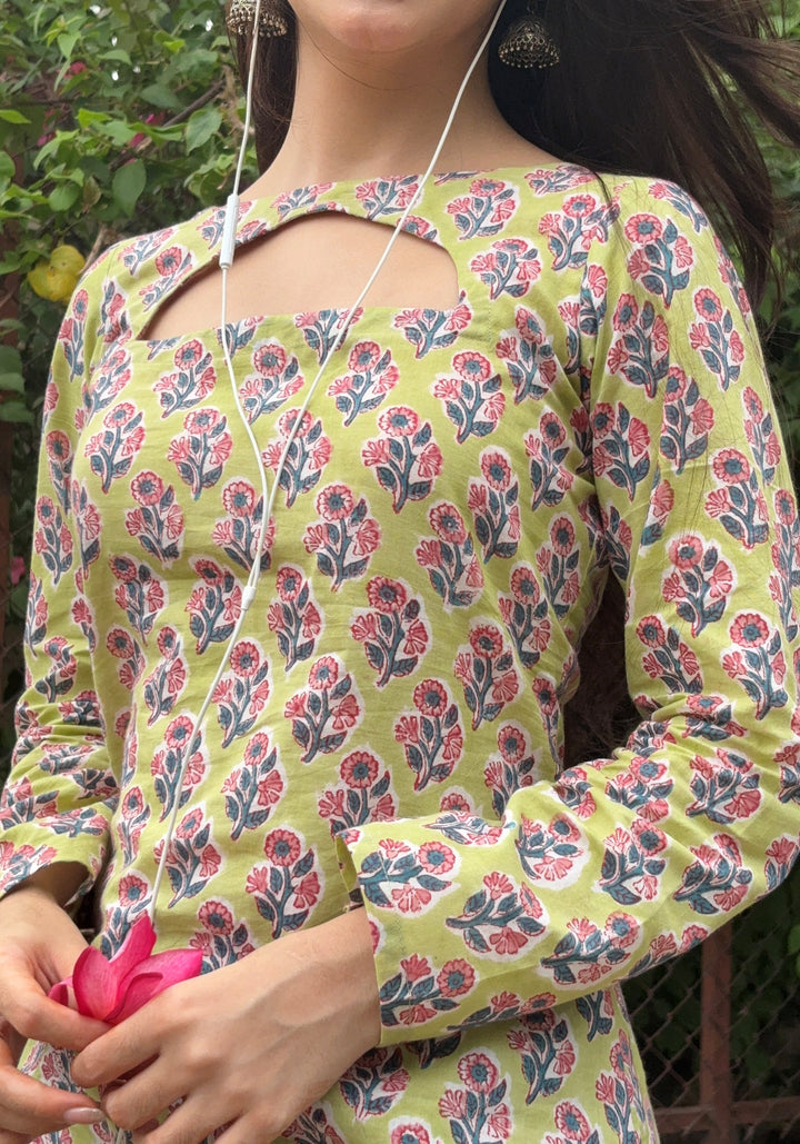 Lime Green with Cut-Out Neck Short Kurti – detail view | SORSHA™