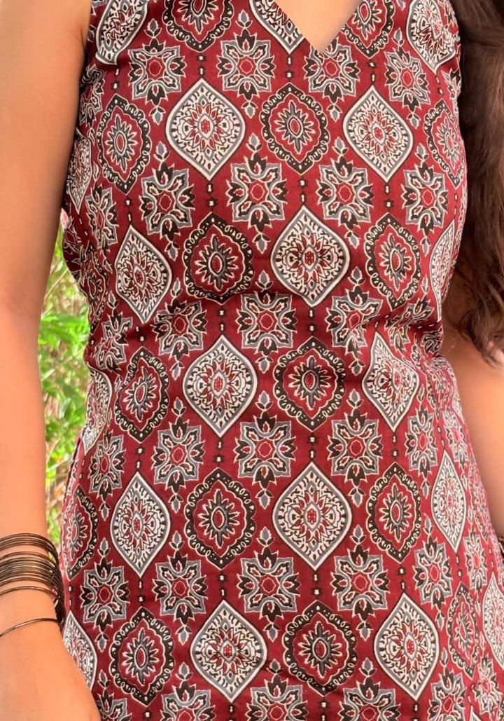 Maroon Ajrakh Halter Neck Short Kurti – detail view | SORSHA™