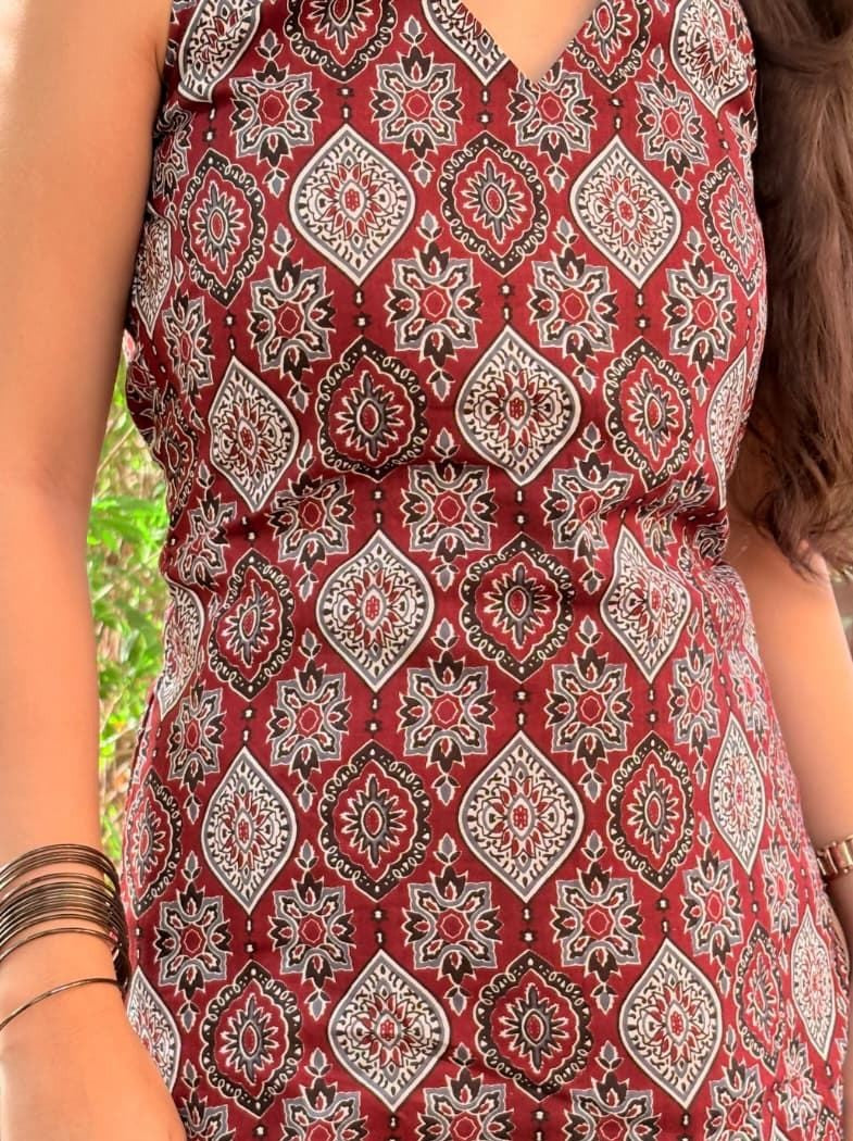 Maroon Ajrakh Halter Neck Short Kurti – detail view | SORSHA™