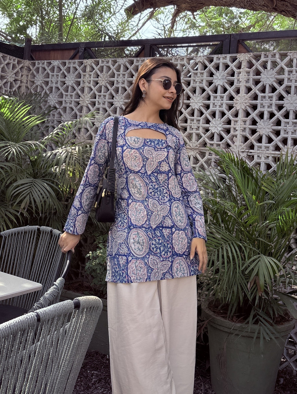 Blue Floral Print Cut-Out Neck Short Kurti – product photograph 1 | SORSHA™