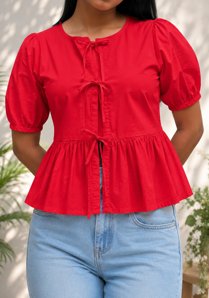 Red Poplin Peplum Bow Top – product photograph 1 | SORSHA™
