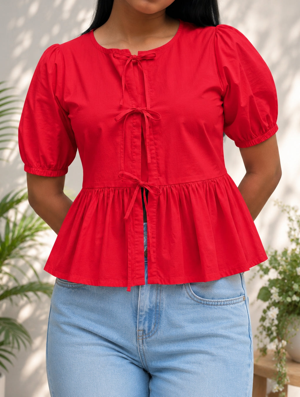Red Poplin Peplum Bow Top – product photograph 1 | SORSHA™