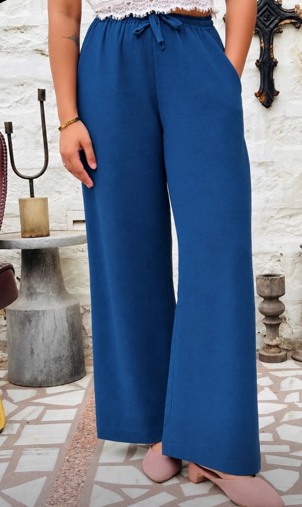 Women Cotton Flex Relaxed Wide-Leg Blue Trousers – product photograph 1 | SORSHA™