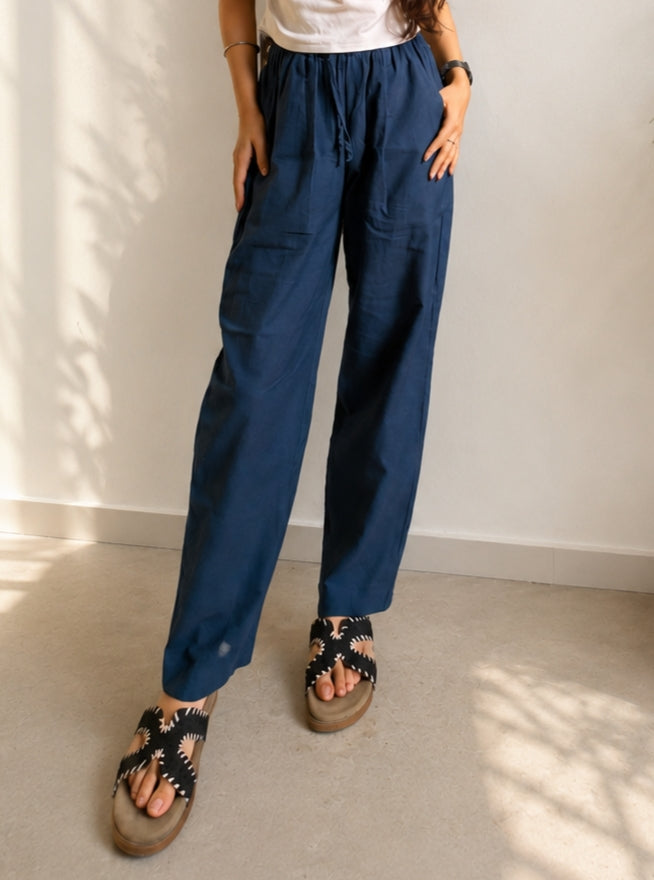 Women Cotton Flex Relaxed Straight Fit Navy Blue Trousers – product photograph 1 | SORSHA™