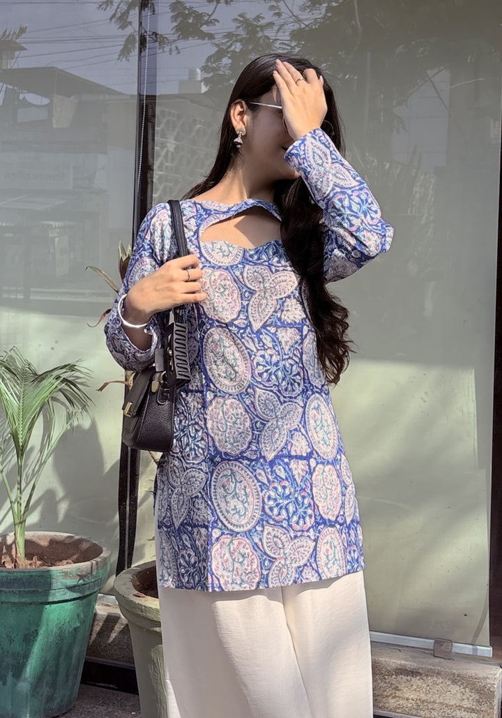 Blue Floral Print Cut-Out Neck Short Kurti – product photograph 5 | SORSHA™
