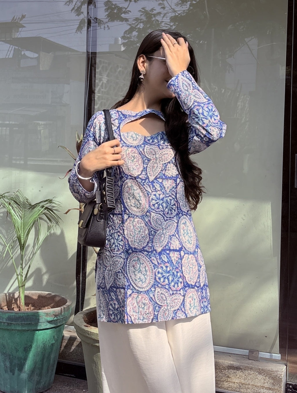 Blue Floral Print Cut-Out Neck Short Kurti – product photograph 5 | SORSHA™