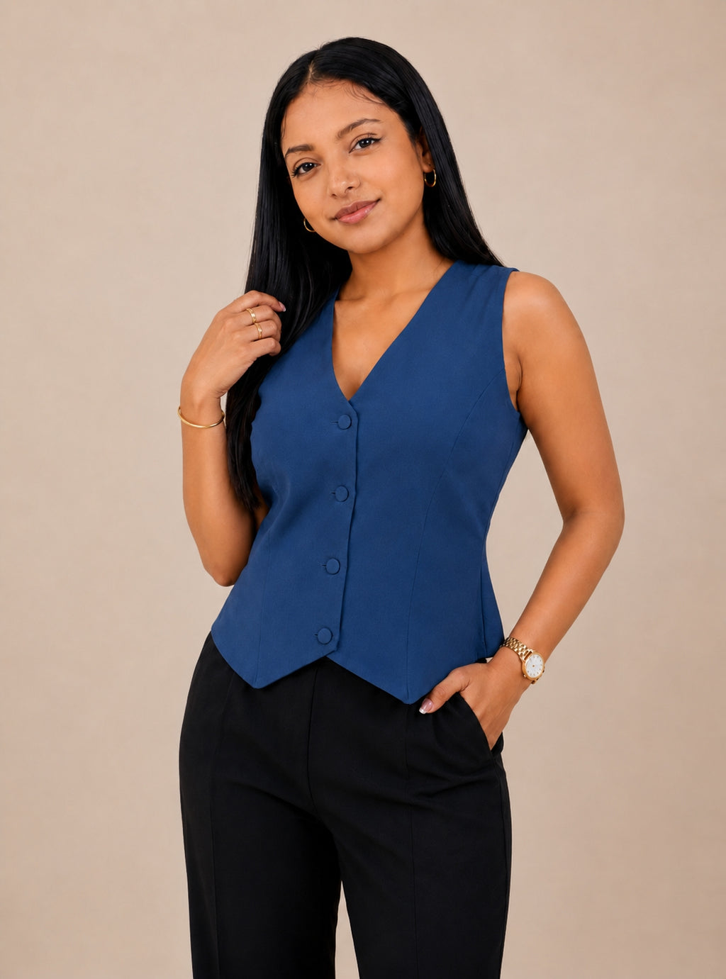 Women's Solid Tailored V-Neck Blue Waistcoat – product photograph 5 | SORSHA™