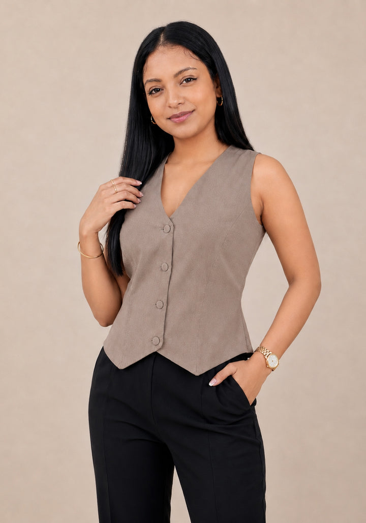 Women's Solid Tailored V-Neck Brown Waistcoat – product photograph 5 | SORSHA™