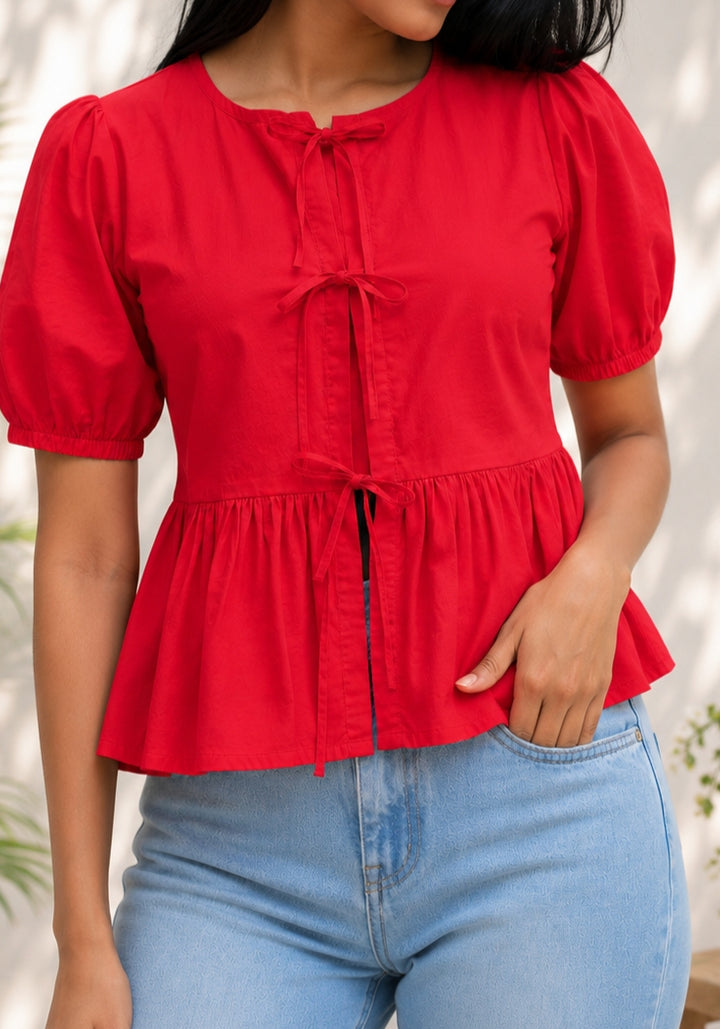 Red Poplin Peplum Bow Top – product photograph 4 | SORSHA™