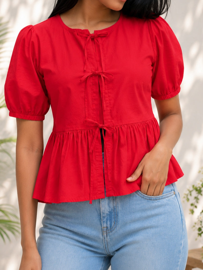 Red Poplin Peplum Bow Top – product photograph 4 | SORSHA™
