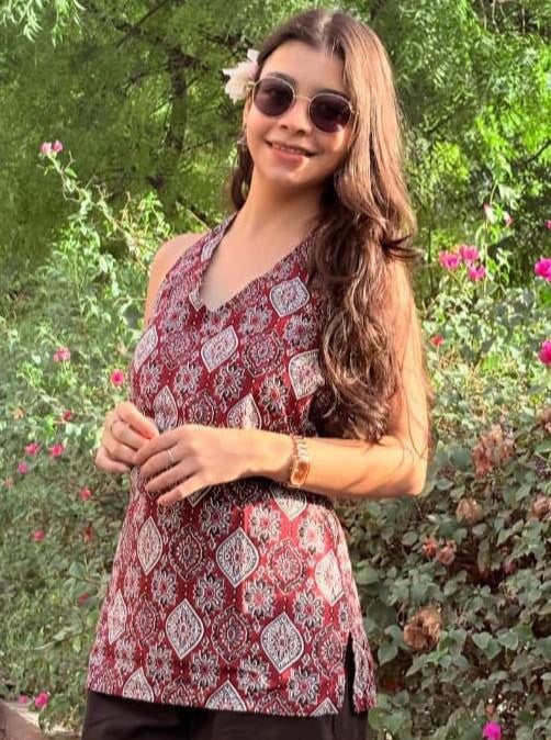 Maroon Ajrakh Halter Neck Short Kurti – product photograph 1 | SORSHA™