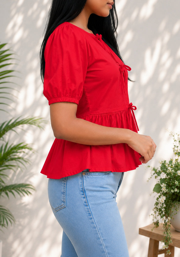 Red Poplin Peplum Bow Top – product photograph 3 | SORSHA™