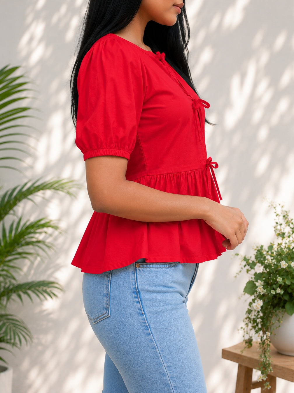 Red Poplin Peplum Bow Top – product photograph 3 | SORSHA™