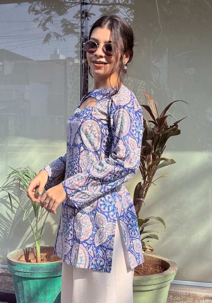 Blue Floral Print Cut-Out Neck Short Kurti – product photograph 2 | SORSHA™