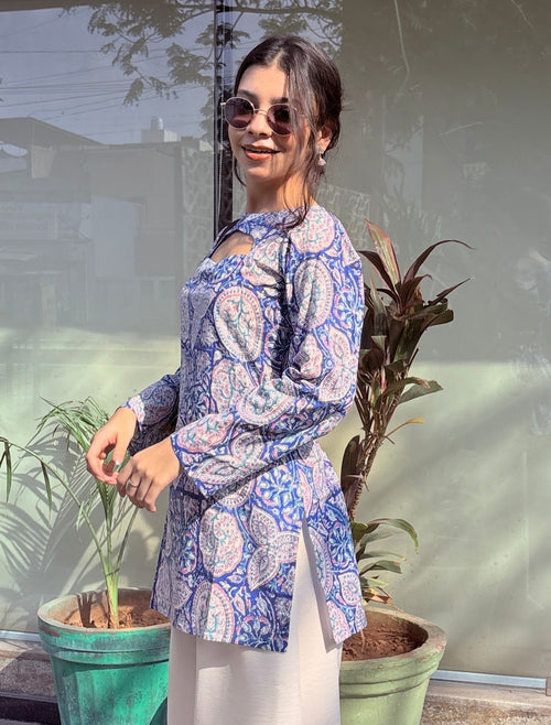 Blue Floral Print Cut-Out Neck Short Kurti – product photograph 2 | SORSHA™